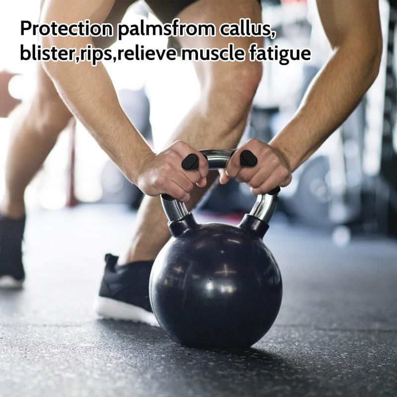 Man lifting kettlebell in gym wearing protective palm pads for callus and muscle fatigue relief
