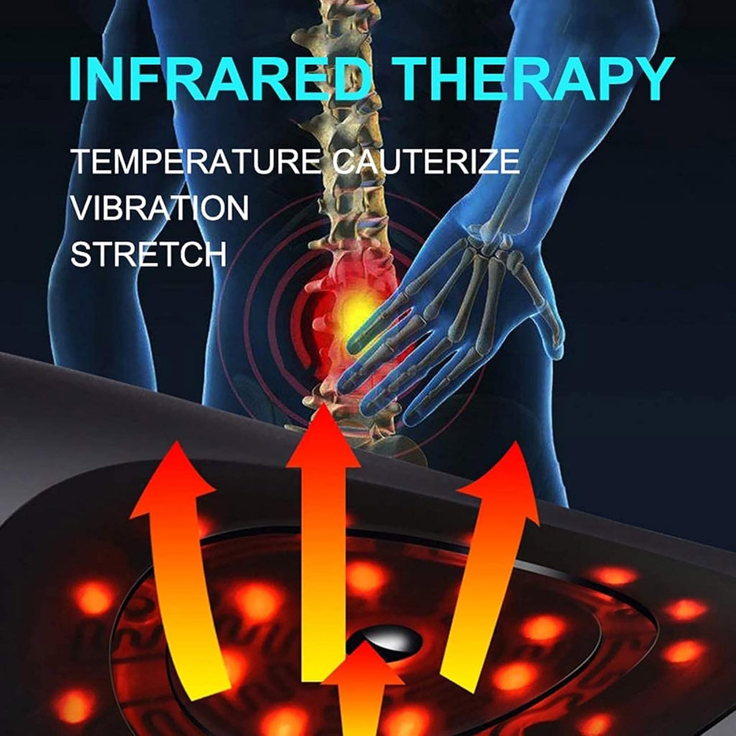 Infrared therapy device targeting lower back pain with heat, vibration, and stretch features