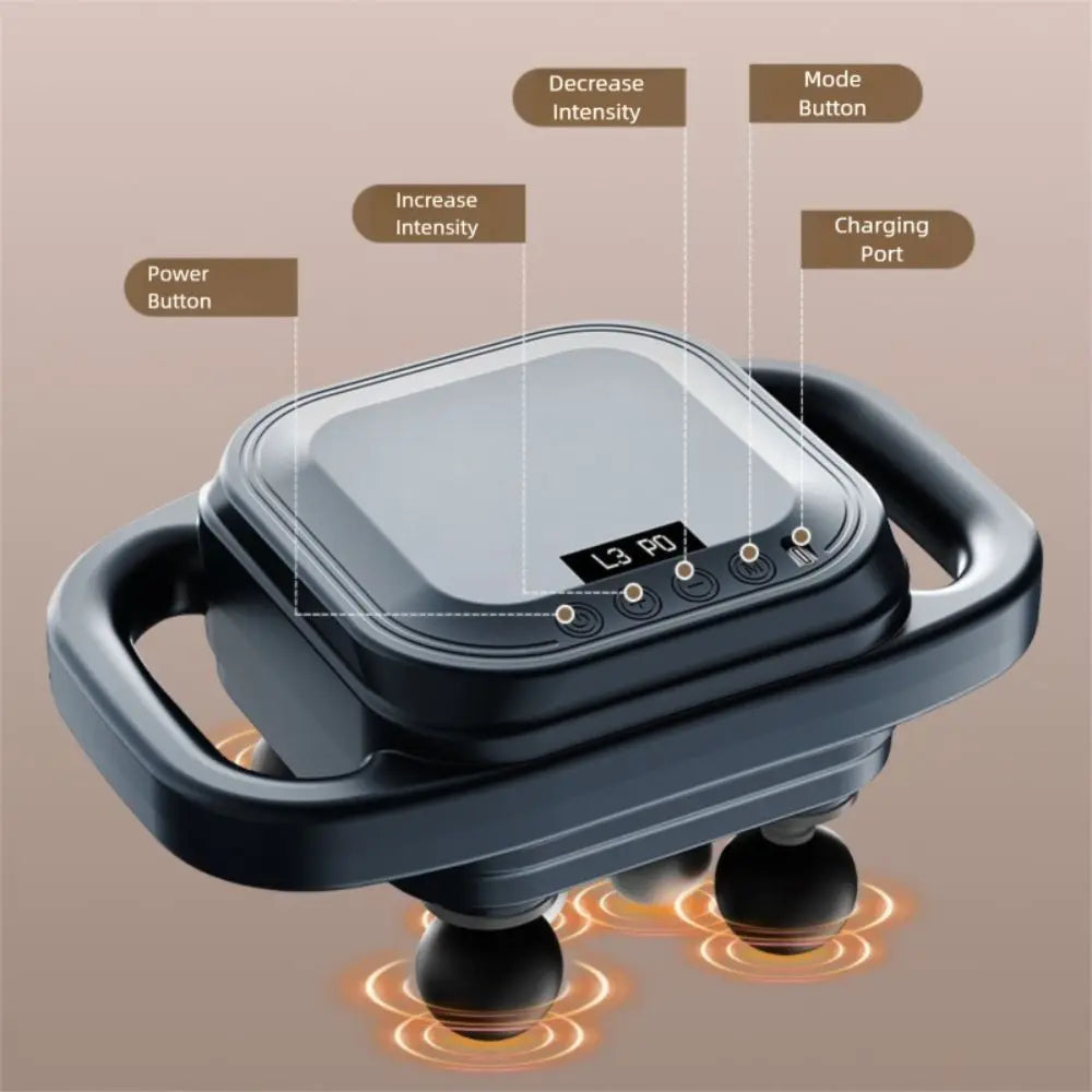 Electric handheld massager with labeled buttons and handles for muscle recovery and pain relief