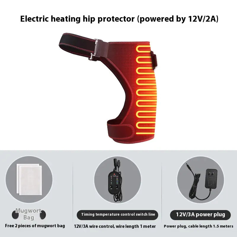 Electric heating hip protector with adjustable strap, temperature control, mugwort bags, and power plug for muscle pain relief.