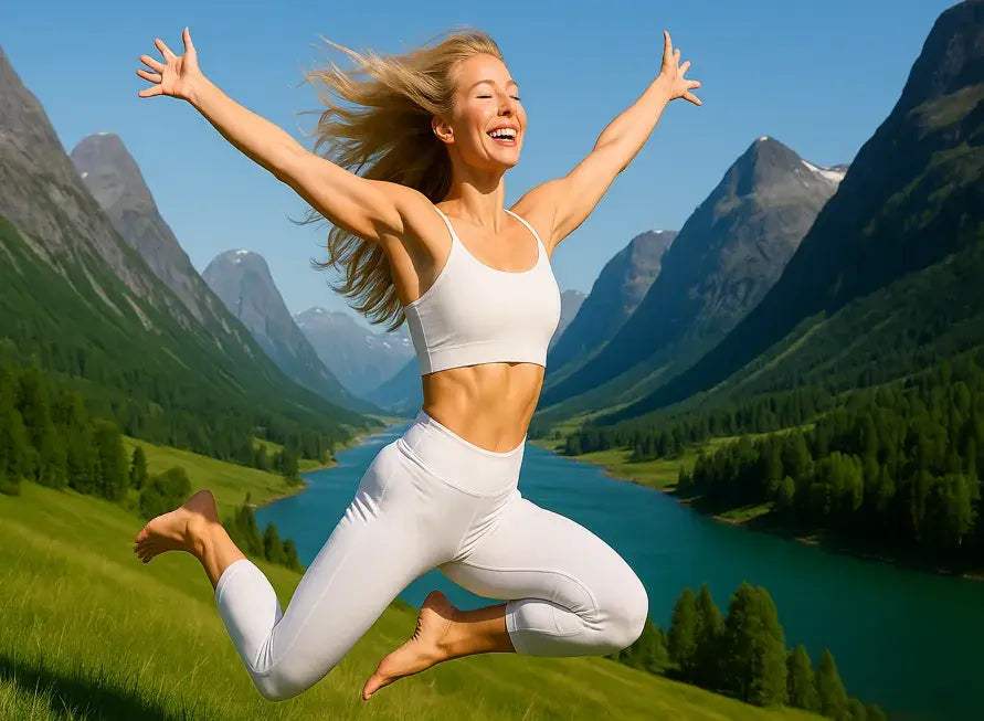 Active woman in white sportswear jumping joyfully outdoors in scenic mountain valley, symbolizing strength and mobility improvement.