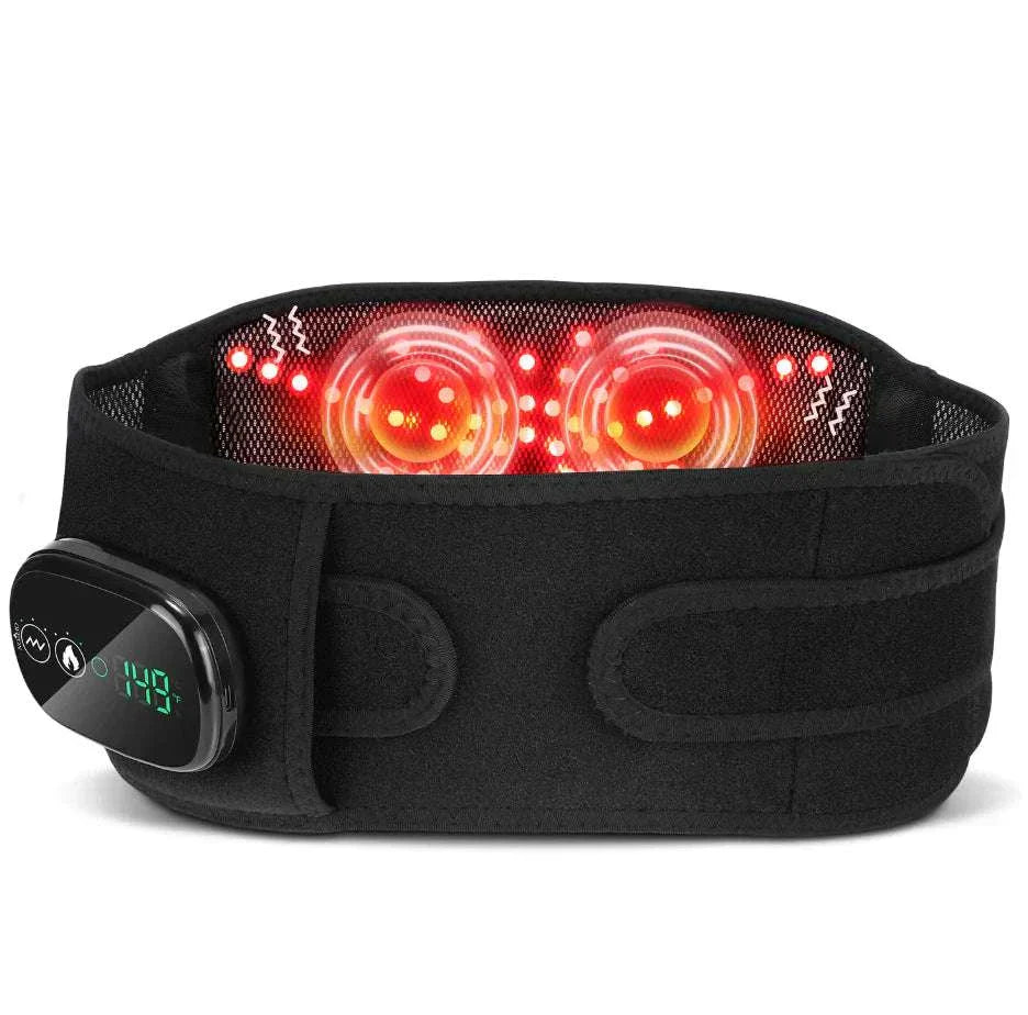 Black heated therapy belt with digital control and visible red light heat zones for muscle recovery