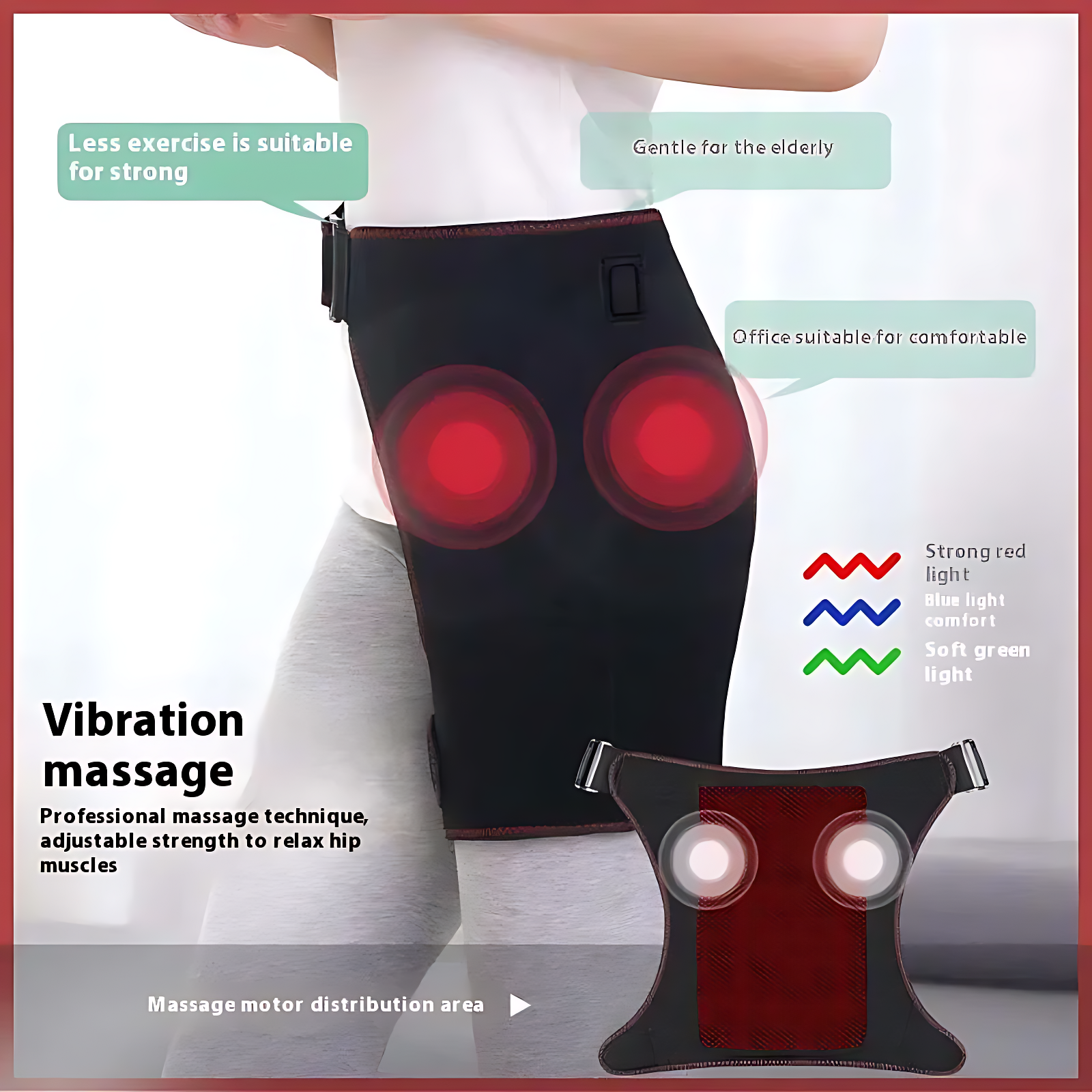 Hip massage belt with vibration and heat therapy, adjustable for muscle relaxation and pain relief