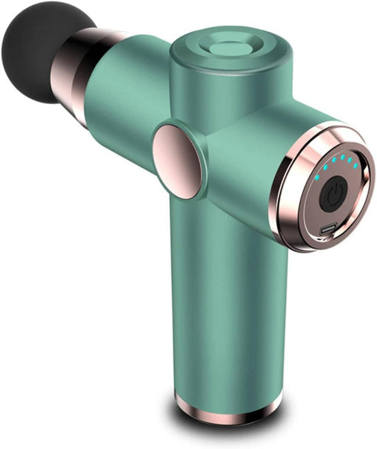 Portable teal massage gun for muscle recovery and pain relief, USB charging port visible