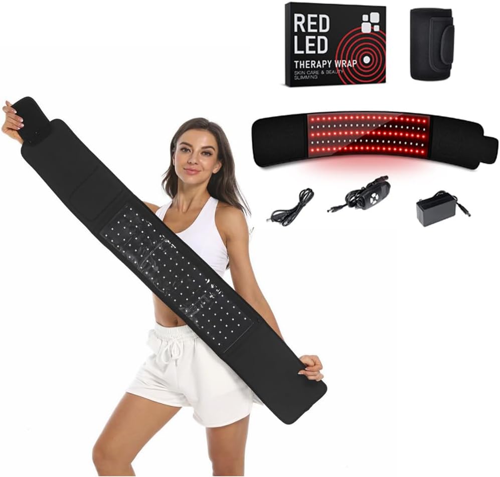 Woman holding red LED therapy wrap belt with accessories for muscle recovery and pain relief