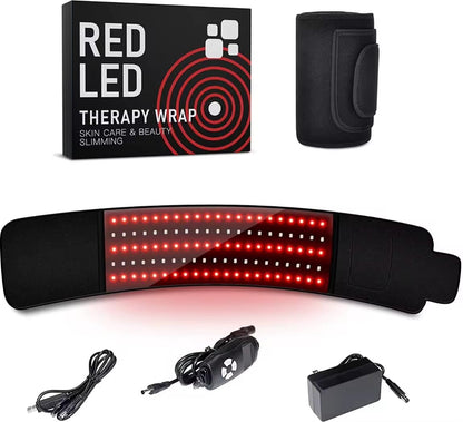 Red LED therapy wrap with glowing red lights, control unit, power adapter, and product box.