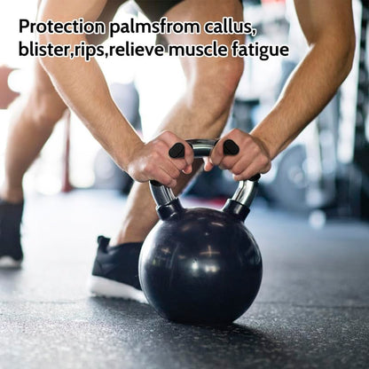 Man lifting kettlebell in gym wearing protective palm pads for callus and muscle fatigue relief
