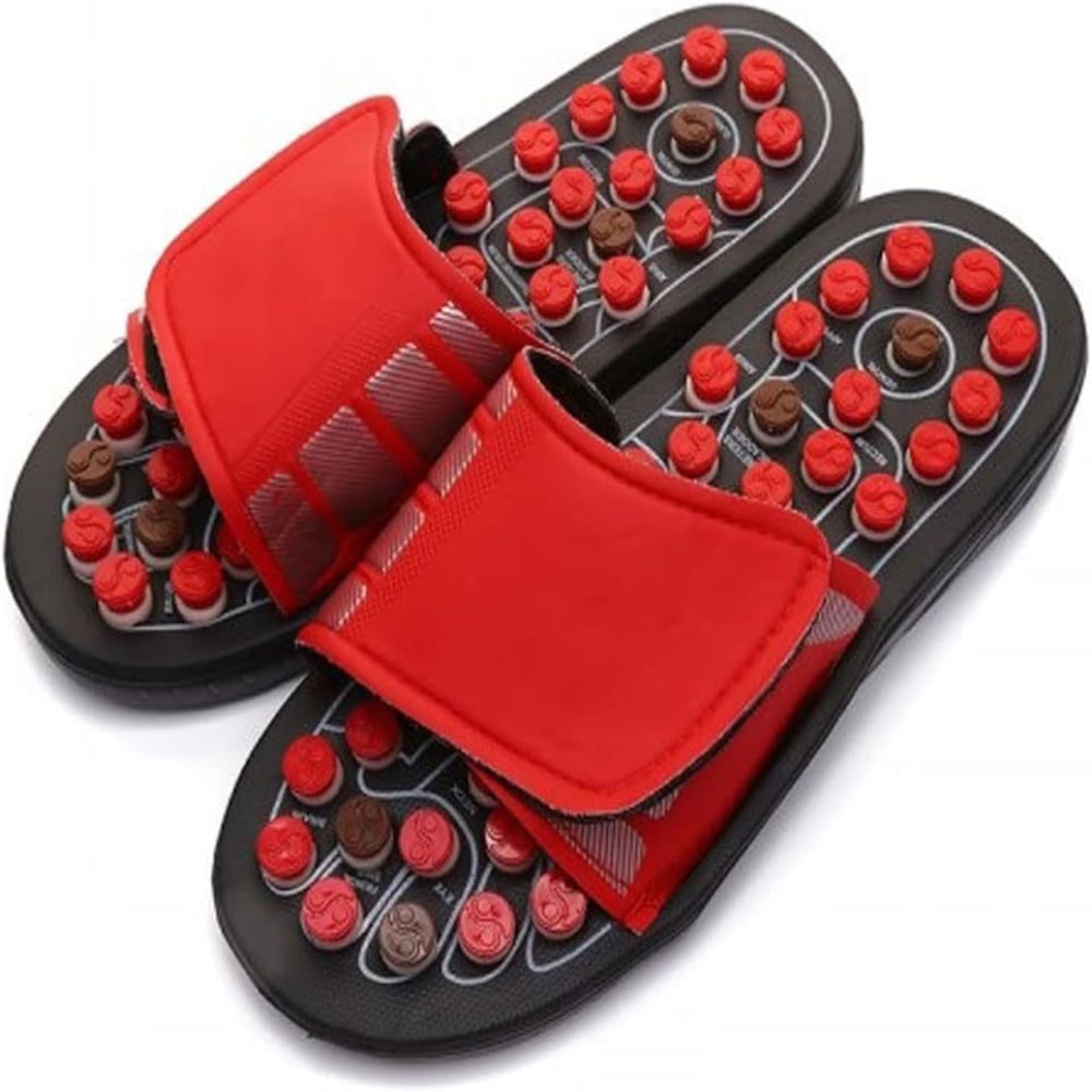 Red acupressure massage slippers with adjustable straps and foot therapy knobs