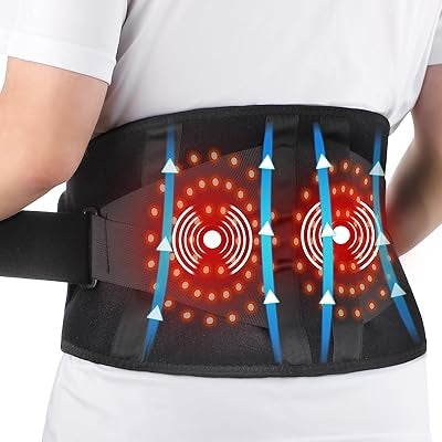 Person wearing a heated back brace for lower back pain relief and muscle recovery