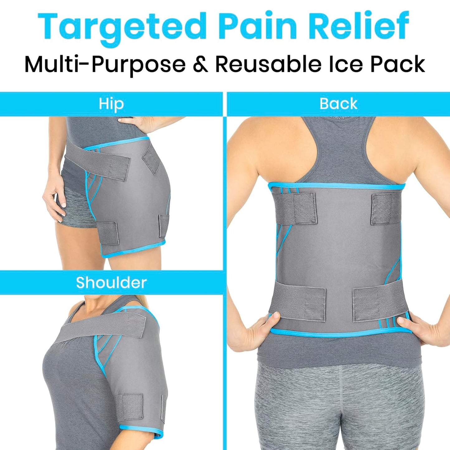Multi-purpose reusable ice pack wrap worn on hip, back, and shoulder for pain relief