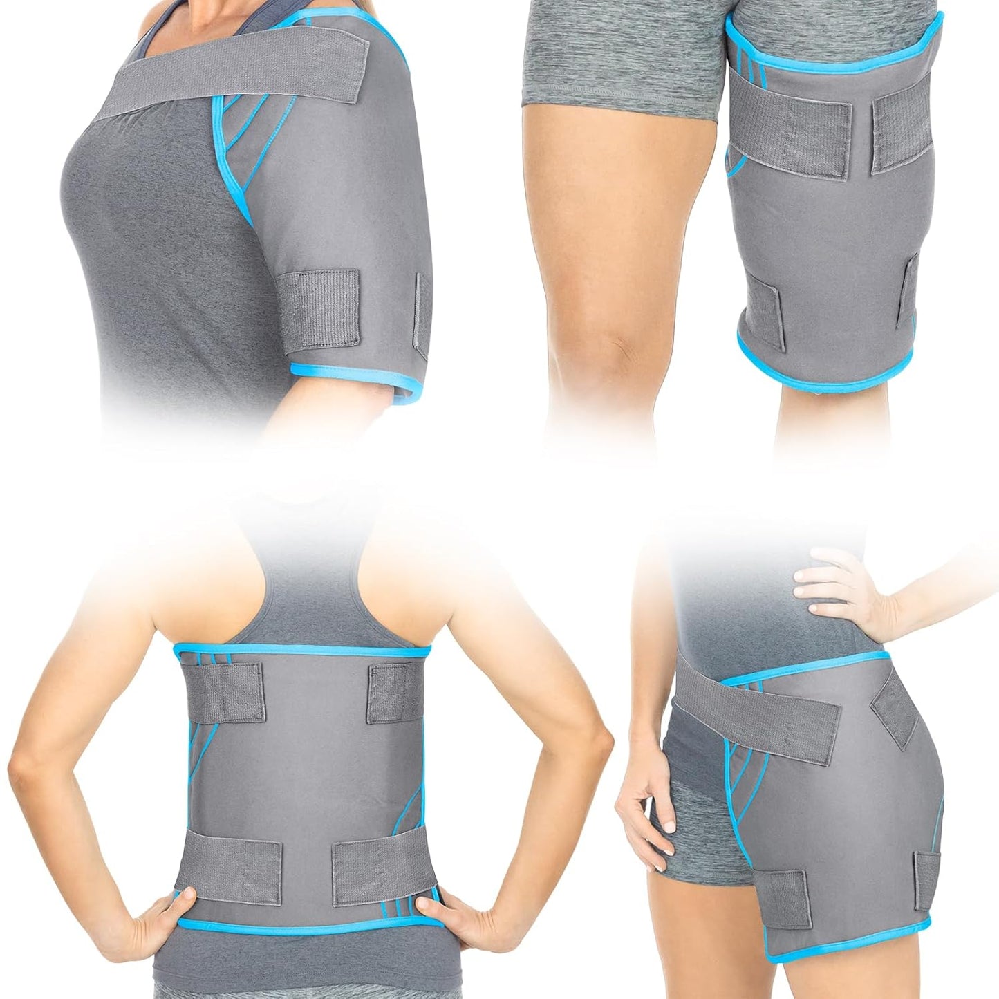 Gray and blue multi-use heat therapy wraps for shoulder, thigh, waist, and hip support