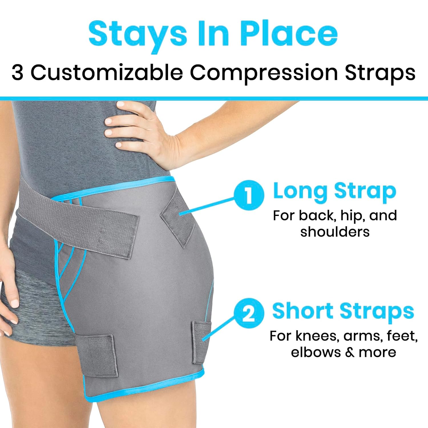 Adjustable compression wrap with long and short straps for pain relief on hip, back, and joints