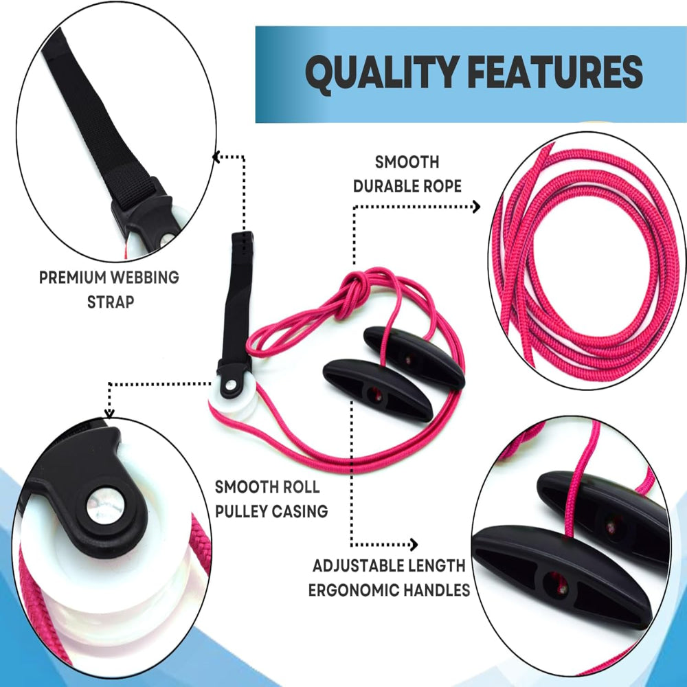 Shoulder pulley exercise kit with red rope, ergonomic handles, smooth pulley, and webbing strap