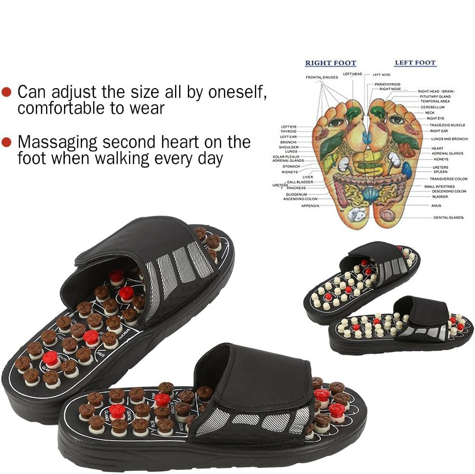 Black reflexology massage slippers with adjustable straps and acupressure nodes for foot pain relief