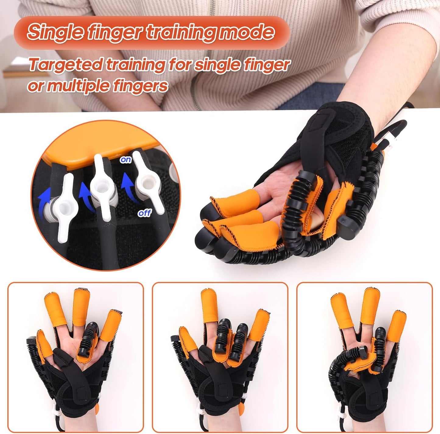Rehabilitation glove for finger training, orange and black with adjustable settings, shown on hand.