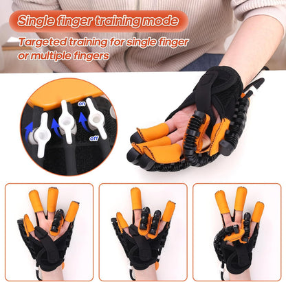 Rehabilitation glove for finger training, orange and black with adjustable settings, shown on hand.