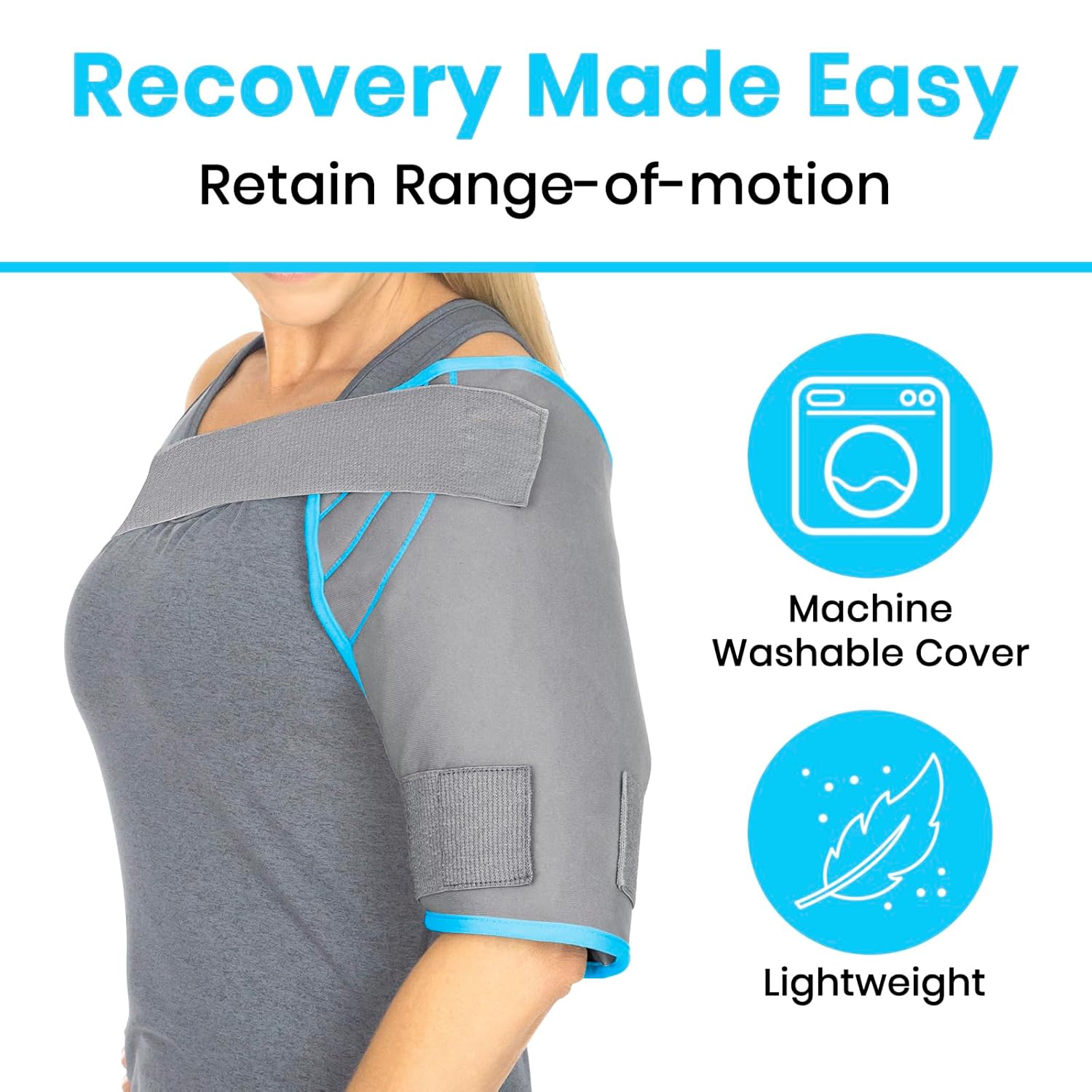 Woman wearing a gray shoulder support brace, lightweight and machine washable cover shown.
