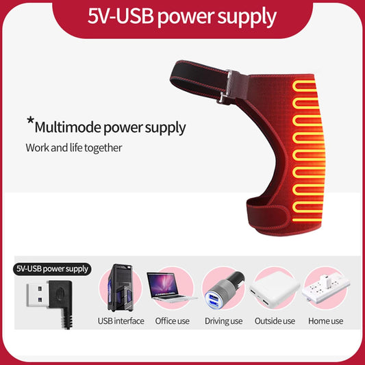 USB-powered heated shoulder wrap for pain relief, showing multiple power options.