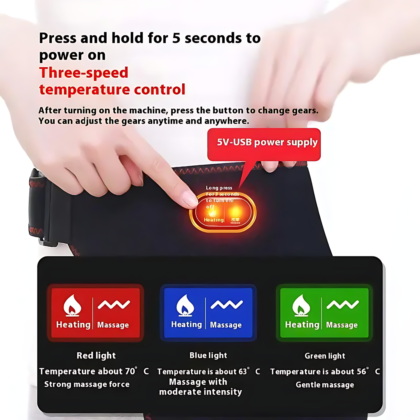 Person using a USB-powered heat therapy belt with three temperature and massage modes.