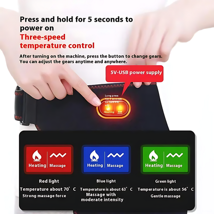 Person using a USB-powered heat therapy belt with three temperature and massage modes.