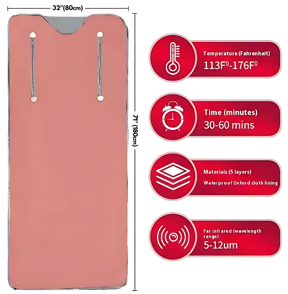 Pink far infrared heat therapy sauna blanket with size, temperature, and material details
