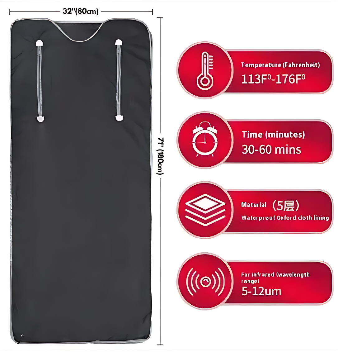 Infrared heat therapy mat, 32x71 inches, waterproof Oxford lining, temperature 113-176°F, 30-60 mins use.