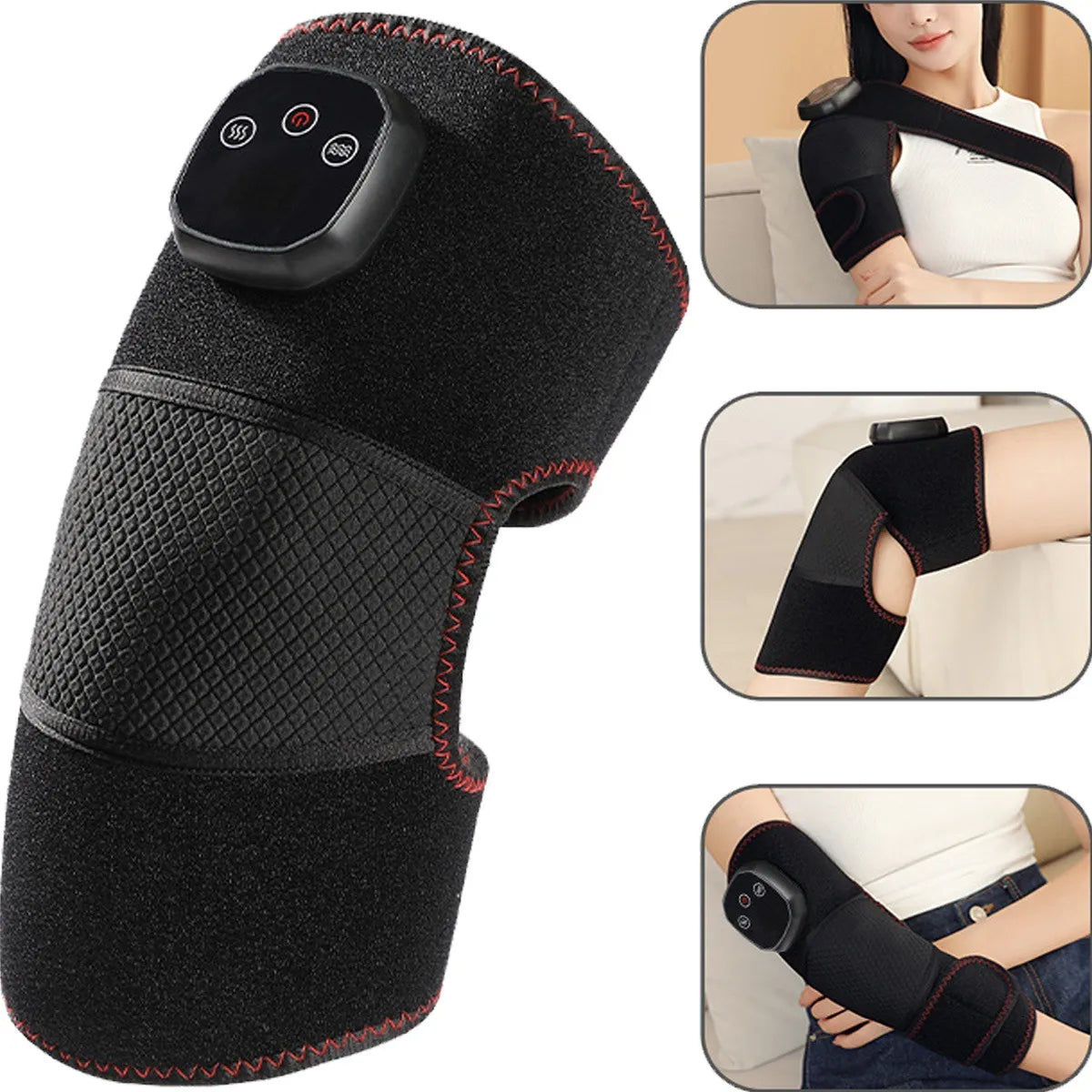 Adjustable infrared heating knee massager wrap for pain relief and joint therapy, shown on knee, shoulder, and elbow.