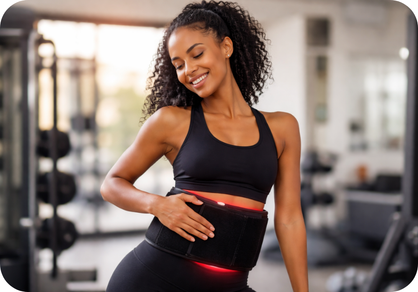 Woman using heated therapy belt on abdomen in gym setting for pain relief