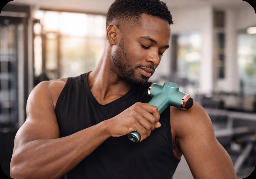 Man using teal muscle massage gun on shoulder in gym for pain relief and recovery