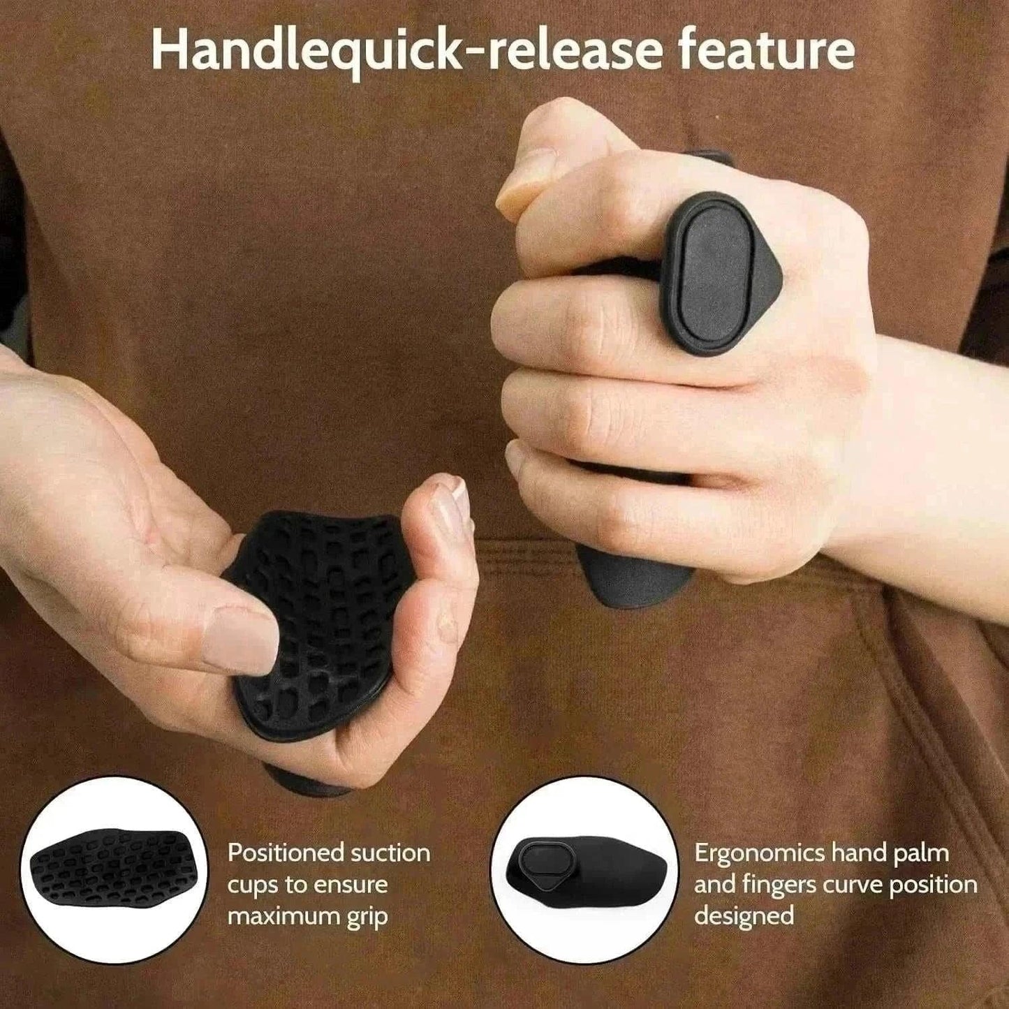 Hand holding ergonomic grip strengthener with textured black surface, ideal for strength training and hand therapy.