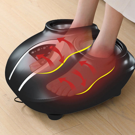 Foot massager device with heat therapy in use, arrows showing warming and massage action