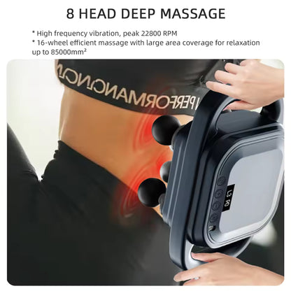 Handheld 8-head deep tissue massage device used on lower back for muscle pain relief