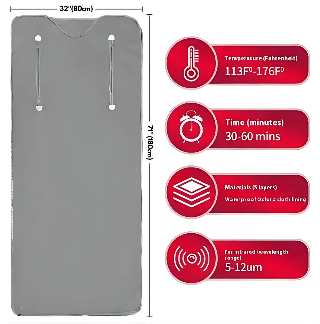 Gray infrared sauna blanket with dimensions, heating range, timer, and material details shown.