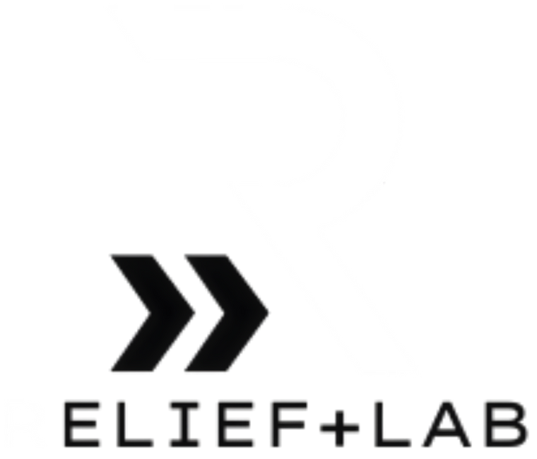 Minimalist logo with large stylized R, double arrow icons, and text 'RELIEF+LAB'