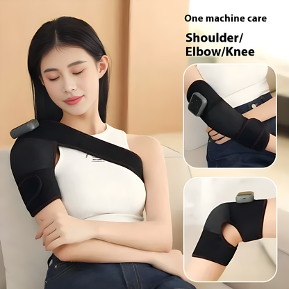 Woman using adjustable heat therapy wrap for shoulder, elbow, or knee pain relief