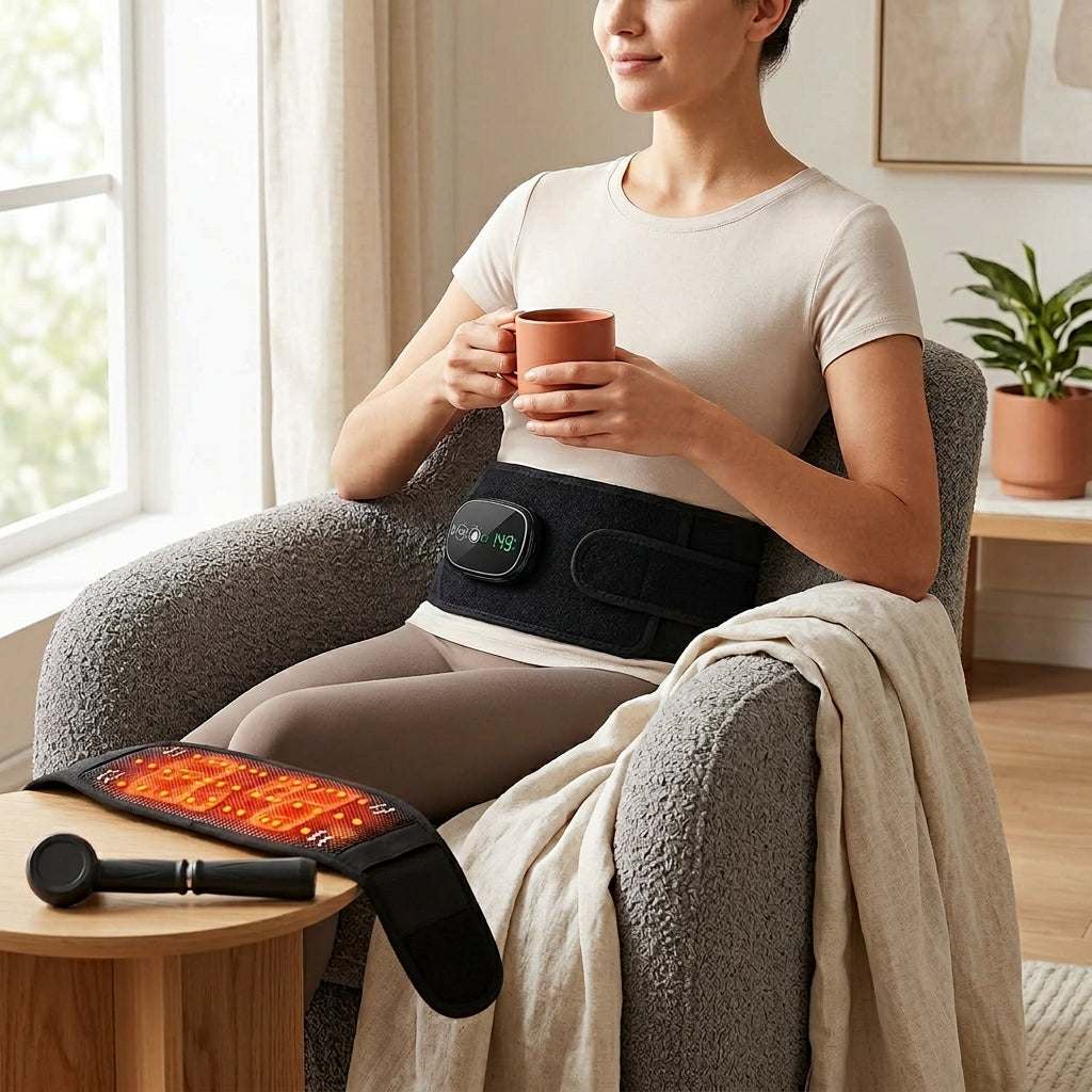 Infrared Massage Heat Belt with adjustable heat and vibration for lower back and core relaxation, cordless and wraparound design