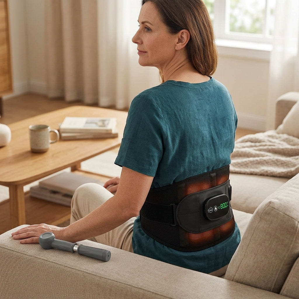 Person wearing Infrared Massage Heat Belt providing soothing infrared heat and vibration massage to lower back and waist