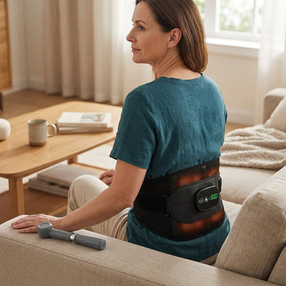 Person wearing Infrared Massage Heat Belt providing soothing infrared heat and vibration massage to lower back and waist