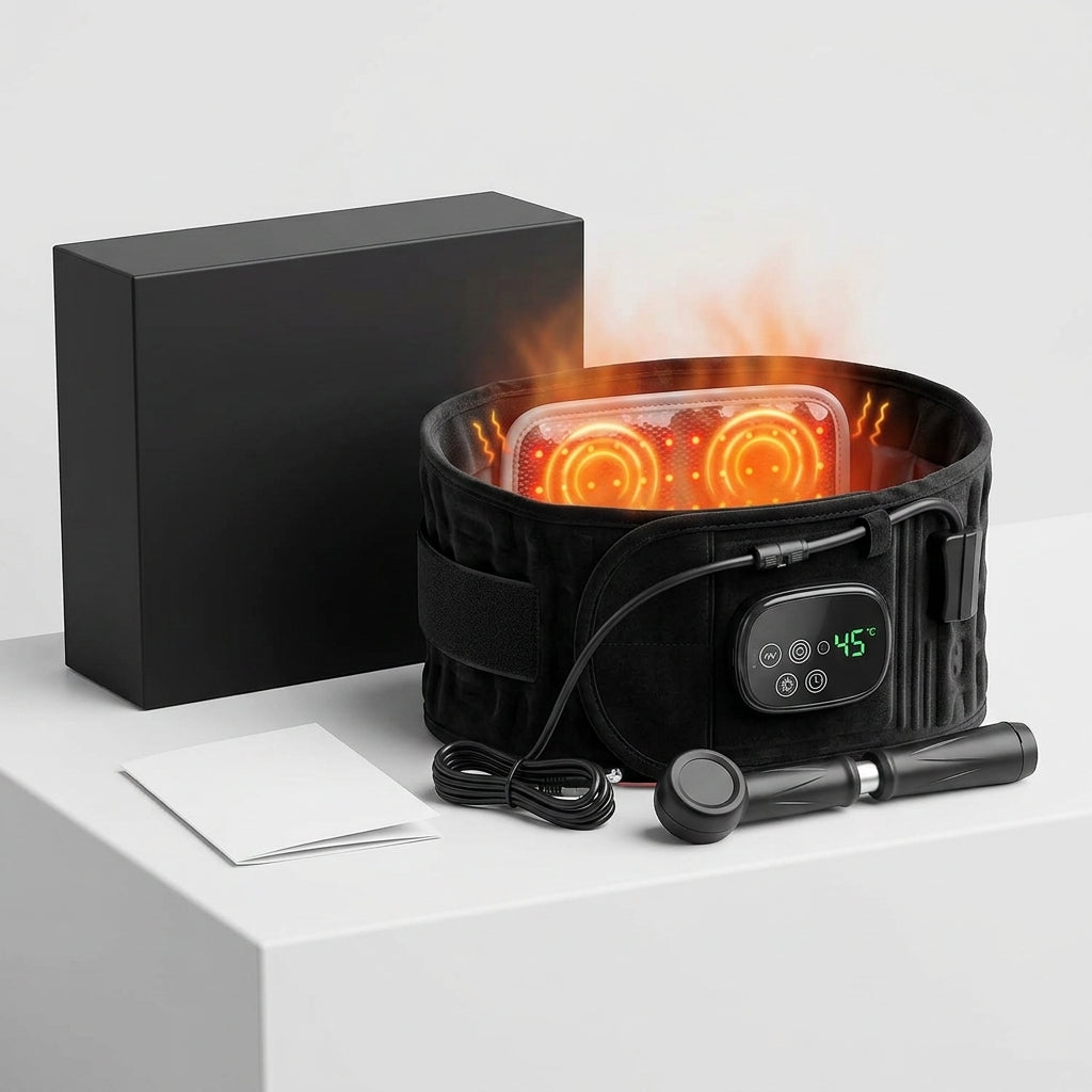 Person wearing Infrared Massage Heat Belt around lower back with glowing heat effect and relaxed posture