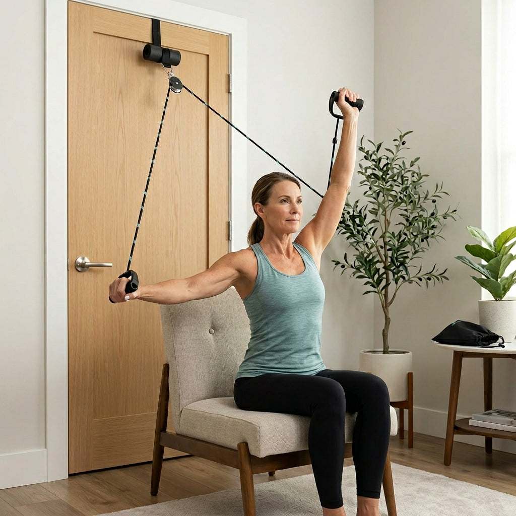 Black Shoulder Mobility Pulley System with foam handles and over-door setup for shoulder exercises