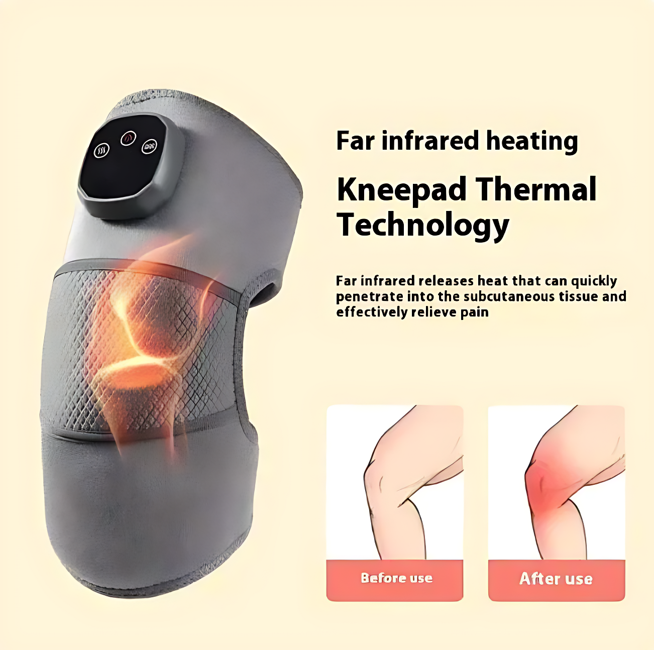 Far infrared heating knee pad with thermal technology for pain relief, before and after use comparison.
