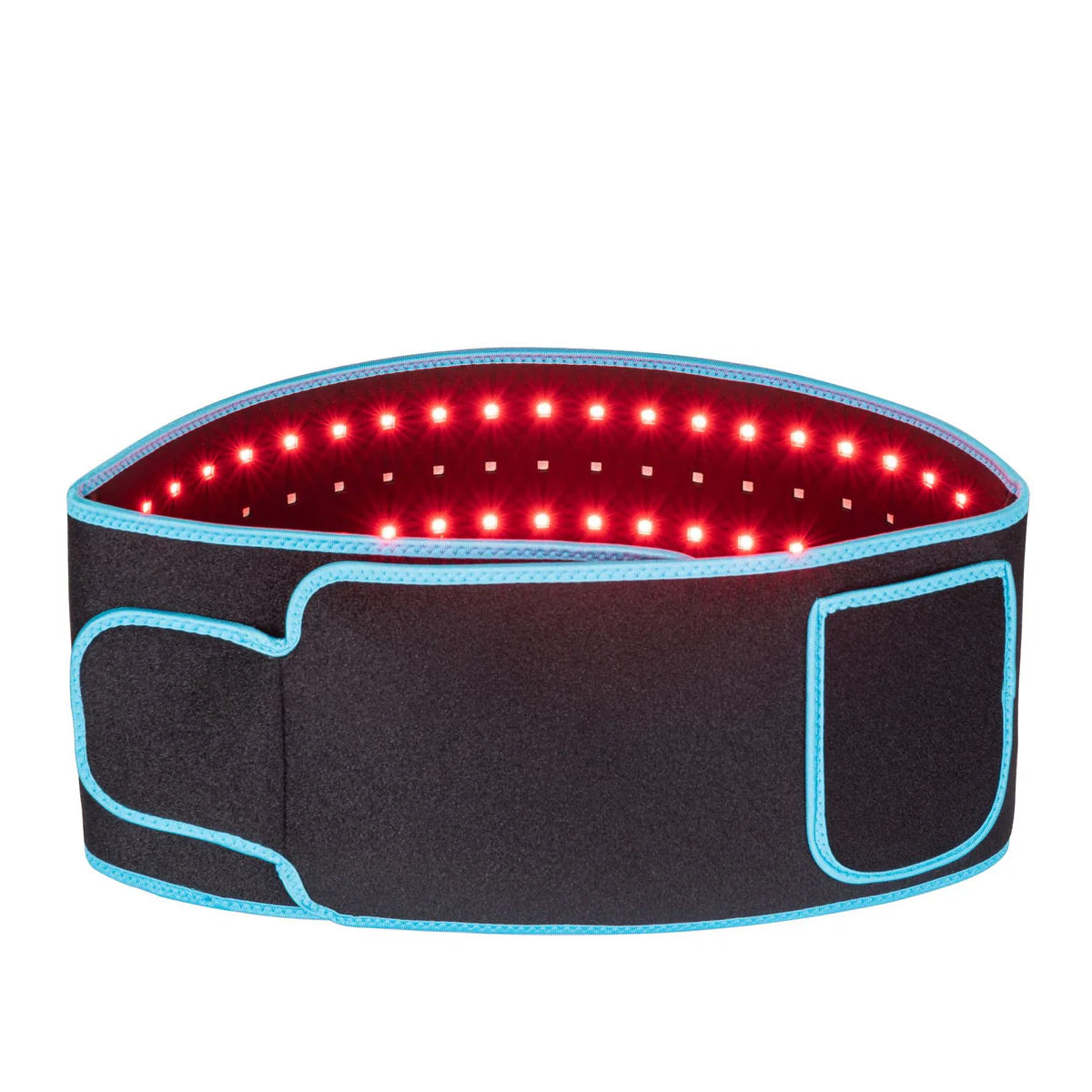Black and blue waist belt with red LED lights for pain relief and muscle recovery