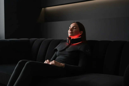 Person wearing a shoulder and neck heat wrap for targeted soothing warmth and relaxation