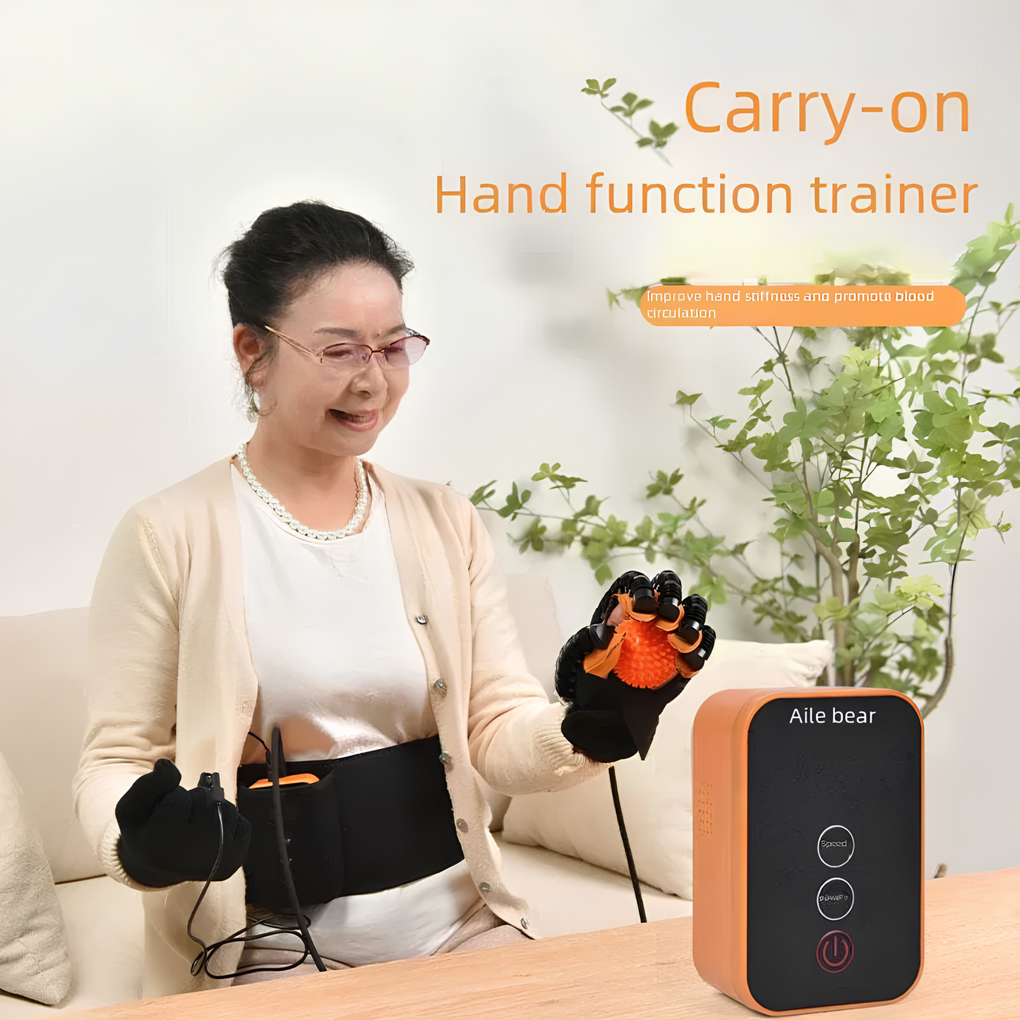 Elderly woman using hand function trainer gloves for stroke recovery and mobility therapy