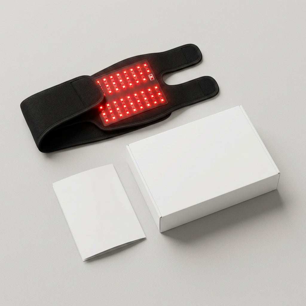 RELIEF LAB red light knee wrap providing targeted red and near-infrared light therapy for at-home knee comfort and relief