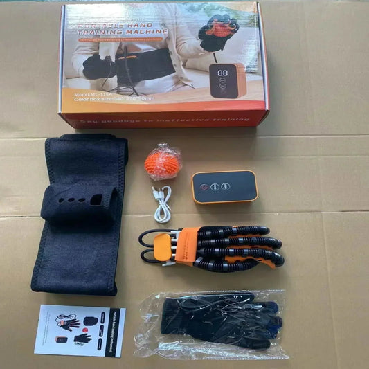 Portable hand training machine kit with rehab glove, massage ball, and control unit for stroke recovery