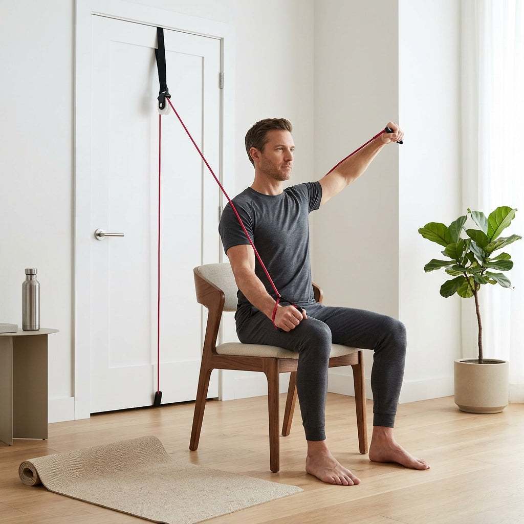 Red Shoulder Mobility Pulley System with foam handles for at-home shoulder flexibility exercises over door setup