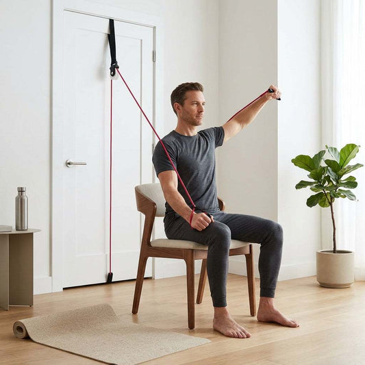 Red Shoulder Mobility Pulley System with foam handles for at-home shoulder flexibility exercises over door setup