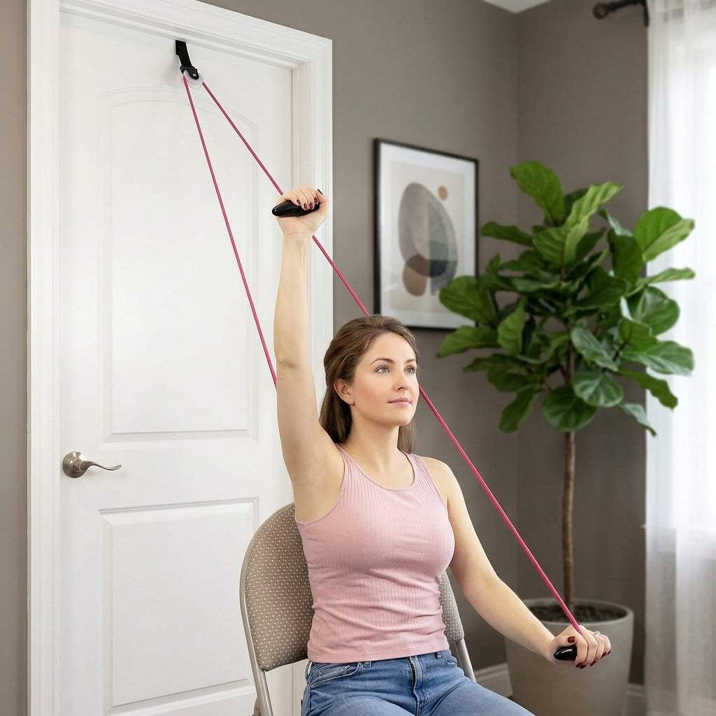 Red Shoulder Mobility Pulley System with foam handles and over-door setup for at-home shoulder exercises