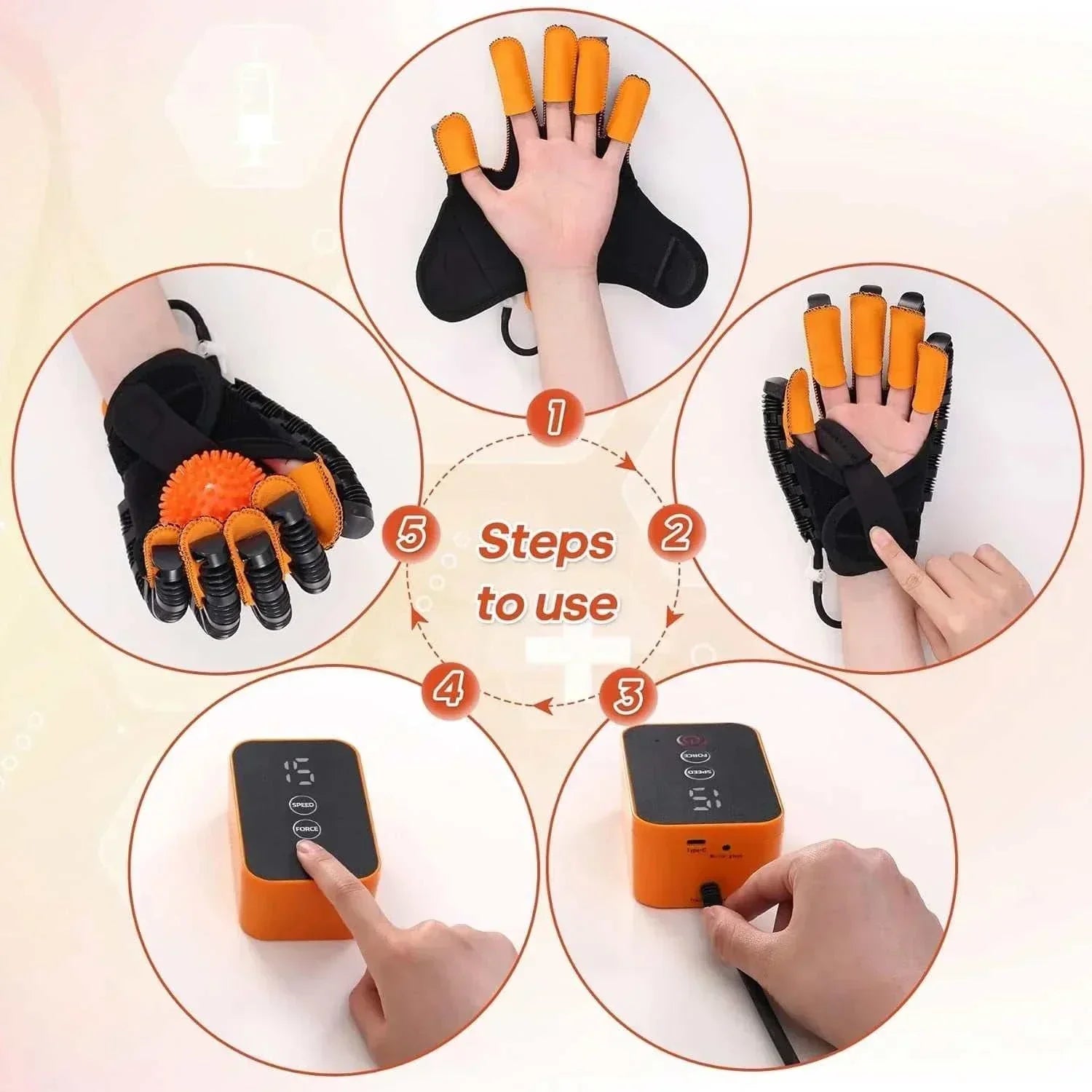 Step-by-step guide showing how to use orange robotic rehab gloves for hand therapy